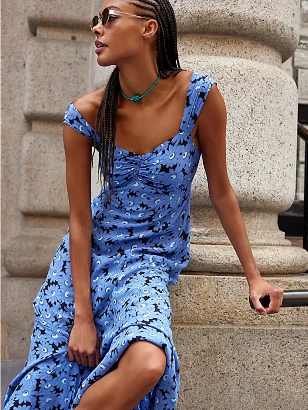 Free People Blue Floral Maxi Dress with Ruched Bodice